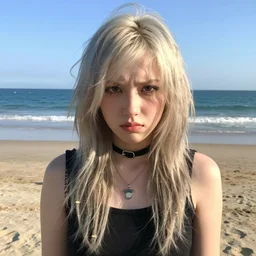 pale emo girl annoyed at being on the beach