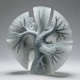 cinematic photograph of geometric scientific sculpture of a human circulatory made of carved grey frosted glass, fractal 3 d structure, sculpted by barbara hepworth and naum gabo, shocking detail trending on artstation 8 k