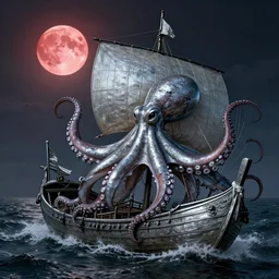 The Age of Discovery, red moon over stormy ocean, a gigantic octopus wrapped around a 15th century sampan boat, dappled silver lighting, atmospheric, highly detailed, by ohara koson, Utagawa Kuniyoshi, Kawanabe Kyōsai, Hasui Kawase