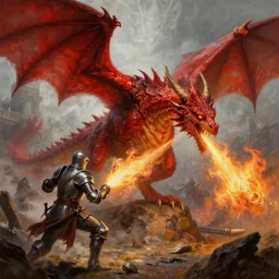 epic fantasy painting of red dragon breathing fire towards knight, by john avon, by seb mckinnon, high detail, fantasy battle, by christopher rush