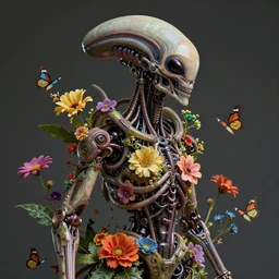 a beautiful intricate fine art portrait photo of a   alien robotic xenomorph overgrown with colorful flowers, leaves and butterflies by anna dittmann and zach sutton, perfection!, golden ratio composition,  studio lighting, 50mm lens, bionic, cybernetic scifi, deep depth of field, artstation, 8K, highly coherent