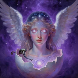 shoulder lever center frame portrait of an angelic soul god bein _ in _ the _ astral _ void _ seraphim soul _ head _ see _ through _ glass _ like _ filled _ with _ stars _ srounded _ by _ purple _ void _ split _ open _ like _ cracked _ egg _ wound _ glowing _ with _ universe _ glowing _ eyes _ no _ nose. psychedelic art. neo classical painting. stunning ethereal aesthetics, octane render, digital painting art wisdoms from alternate reality. z