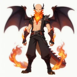 full body anime style human in dragon form, bald, beard made of fire. fantasy style. very punk / alt aesthetic. wings and tail, a highly detailed, digital painting, artstation, concept art, matte, sharp focus, illustration, art by artgerm and greg rutkowski