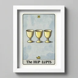 the three of cups tarot card as drawn by studio ghibli, whole card, white frame, concept art