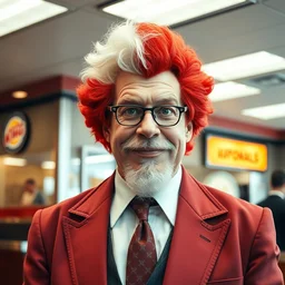 a person who is a mixture of ronald mcdonald and colonel sanders and the burger king, inside a fast - food restaurant.