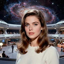 close face portrait of Mila Kunis standing in an enormous luminal space ship lobby with grand vistas, nebula, 1970, Ludek Pesek, Rick Guidice, Chesley Bonestell, Lucien Rudaux, Rolf Klep, Fred Freeman, George Pal