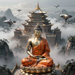 a single detailed robotic buddha with an orange robe, high camera angle, mystic atmosphere, a detailed metallic temple on a misty mountain, shiny reflections, high detailed robotic airships, volumetric fog, perspective painting, atmospheric shot, cinematic establishing shot, high detail digital painting, in the style of brian despain, dystopian, unreal engine, maya