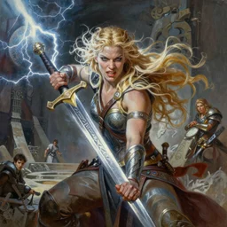 A mixed media painting of the beautiful blonde viking goddess of war with a sword of lightning, very aesthetic, detailed face, by Frank Frazetta, Greg Rutkowski, Boris Vallejo, Beeple, Christian MacNevin, epic fantasy character art, goddess of anger, viking runes, high fantasy, CGsociety, full length, exquisite detail, post-processing, low angle, masterpiece, cinematic, odin's stone arena background