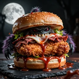 monster that looks like a pulled pork sandwich, fried chicken breast sandwich, bbq sauce splashes, dark lighting, moonlight, horror, scary, hyper - realistic