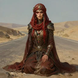 a full body portrait of a beautiful post apocalyptic offworld shepherds quarter bedouin blind pulp fiction scarlet wild rogue barbarian leper begging by the roadside, intricate, elegant, highly detailed, digital painting, artstation, concept art, smooth, sharp focus, illustration, art by krenz cushart and artem demura and alphonse mucha