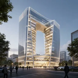 parametric office building designed by zaha hadid with people walking, cinematic, ray traced, octane render, cinematic lighting, vfx film, ultrarealistic, featured on artstation, 8 k