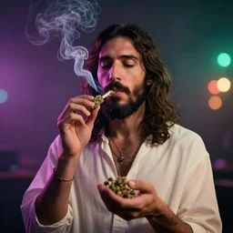 studio photo of jesus smoking weed, colorful lighting, bokeh, 3 5 mm, dramatic ligting,