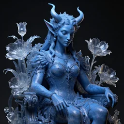 hyper detailed 3 d render. neoclassicist renaissance close - up portrait of singularity blue demon seated, translucents flowers, iridescent textures. highly detailed, dark and volumetric. artstation solitude