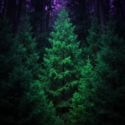 portrait of an ethereal evergreen forest made of green and purple light, divine, cyberspace, mysterious, dark high-contrast concept art