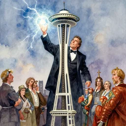 bioshock disco king john travolta atop the space needle brandishing a radiant lightning orb watercolor painting winslow homer craig j. spearing thomas eakins greg rutkowski alexandre benois giotto maximilian pirner