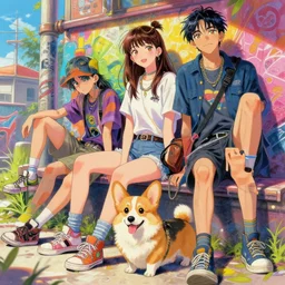 beautiful anime painting of sunny hiphop solarpunk teen summertime chill with corgi, by dao le trong, daniela uhlig, craig mullins, craig davison. trending on artstation, 8 k, masterpiece, graffiti paint, fine detail, full of color, intricate detail, golden ratio illustration