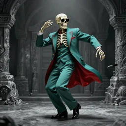 a skeleton in sunglasses and an elegant suit dancing, digital art, teal and red color palette, gray dungeon background, very realistic, artstation, by norman rockwell
