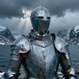 suit of armor made of water, norway fjord, extreme close up portrait, hudson river school, max rive, water armor, studio lighting, stormy seas, beautiful, bokeh, snowy, storm clouds, god rays, extreme close up portrait, d & d, fantasy, elegant, low key color palette, concept art, roger deakins and greg rutkowski and alphonse mucha