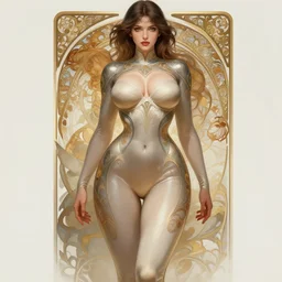 full body portrait of a female wearing a skintight suit, large thighs, large chest, intricate, elegant, highly detailed, digital painting, artstation, smooth, sharp focus, illustration, art by artgerm and greg rutkowski and alphonse mucha, 8 k