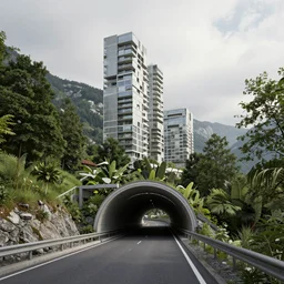 maximalism digital art, denis villeneuve establishing shot of modern bjarke ingels condo building and gotthard tunnel entrance combined, roads tunnel under bjarke ingels condo building, lush environment, overcast lighting, scifi artstation digital concept art, unreal engine, hyper realism, realistic shading, blender render, octane render, wide shot