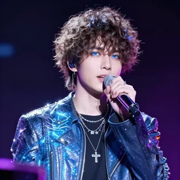 a male singer on a stage with curly brown hair and blue eyes, a hologram by yasutomo oka, featured on pixiv, holography, seapunk, anime, glowing lights. octane render. vocaloid