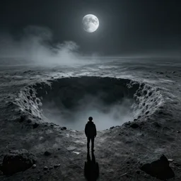 a solitary person looking at a giant hole that nobody dare enter, foreboding, ominous, doom, desolate moonscape, luna - core, crater, mist, marc simonetti, david lynch, zdzisław beksinski