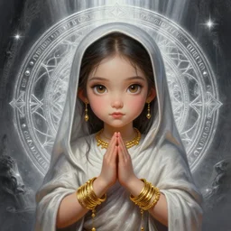 a portrait of girl monk, gold bracelets, gold necklace, magic circle, silver magic, portal background, god rays, fantasy, dungeons and dragons, an ultrafine detailed painting, chibi, detailed painting, boris valejo. octopath traveler decal!!!