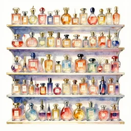 a beautiful insanely intricate watercolor illustration of modern shelf with perfumes, colorfull, by william turner art, by greg rutkowski, by james jean, by rossdraws, by frank franzzeta, by sakimichan, by edmund dulac, trending on artstation, insanely detailed, masterpiece,