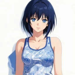 attractive girl, wearing a tanktop, in the style of greg rutkowski, anime artstyle, intricate, blue and white colors