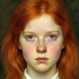 a portrait of a beautiful girl big nose and big sad eyes green / gray eyes red haired by norman rockwell alphons mucha