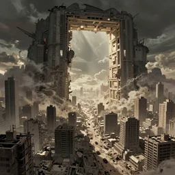 detailed ultra - realistic graphic novel illustration of opened portal to another dimension, desolated city district, by famous digital artists, cinematic, full shot