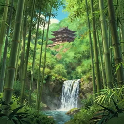 deep in a japanese bamboo forest with waterfall on a hilly side, ancient ruined temple in distance, sunny, cartoony, anime style, mid day, realistic lighting, by ghibli studio, arcane, wild rift, trending on artstation, 4 k, hd