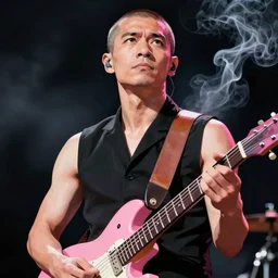 chinese rocker guy with short hair wearing a serious expression and looking up with eyes open, wearing a black vest and playing a pink guitar, smoke in the background, full color digital illustration in the style of frank frazetta,, artgerm, artstation trending