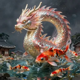 game character, ethereal, gorgeous, mysteriously beautiful giant huge kaiju sized pond dragon half fish half salamander, sea dragon, wet amphibious skin, red salamander, axolotl creature, koi pond, korean village by Ruan Jia and Gil Elvgren, fullbody