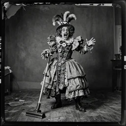 damaged kodak portra 4 0 0, wetplate, photo of a vacuuming screaming bob ross, weird fashion, grotesque, extravagant dress, strange pose, carneval, with an animal, wtf, photographed by paolo roversi style
