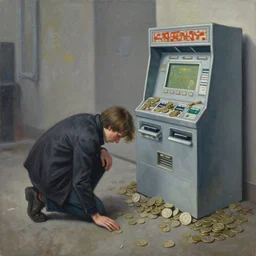 amnesiac painting, a person looking for coins on the ground to use a machine, frantically searching for credits, tokenized capitalism, you have to pay to play