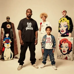 a photoshoot for a new clothing brand by kanye west and kid cudi named kids see ghosts, by akihito yoshida, by andy warhol, by hayao myazaki, by takashi murakami, vintage, ultra - wide angle, warm color palette, light mode, 2. 5 - dimensional, 1 6 k, ultra - hd