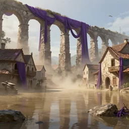 flooded post - medieval village with broken aqueducts and purple drapery, light dust, by peter mohrbacher dan mumford craig mullins nekro, cgsociety, pixiv, volumetric light, 3 d render