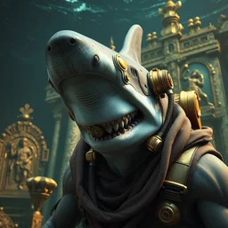 full - face close - up portrait, muscular street shark humanoid hammerhead shark wearing a tattered cloth robe and antique copper and brass diving equipment by bruce brenneise and peter mohrbacher, deep underwater in the lost city of atlantis ancient ruins in the background, golden emperor throne, 3 d render, neosurrealism. digital concept art, pixel art, rendered in octane, trending on cgsociety, trending on artstation