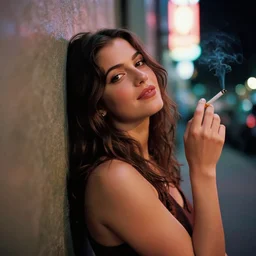 portrait of ecstatic mila kunis looking into the camera leaning back against a wall smoking a cigarette, neon street, 1 9 7 0 s, intricate, moody, personal, highly detailed, short focus depth, donato giancola, joseph christian leyendecker, frank frazetta, alex horley, ralph horsley, michael whelan