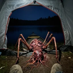 changed ( camping at night, inside tent ) to ( canoe, on lake ) for others derelict footage, camping at night, inside tent, first person, hard flash, grotesque human crawling, tall insect legs, tendrils, veins, meat, wet