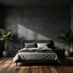 master bedroom, minimalist, dark setting, cement wall, wooden floor, plants,