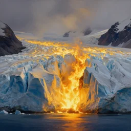beautiful oil matte painting, alaskan glacier on fire, wonderful masterpiece highly detailed, beautiful cinematic light deep focus, elegant, digital painting, smooth, sharp focus, golden ratio, dramatic illumination, ultra realistic, 8 k, art by artemisia lomi gentileschi and caravaggio