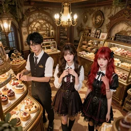 Three young adults working in a magical bakery, one of the friends is a young man with glasses and black hair, the second friend is a beautiful young woman with brunette hair without glasses, the third friend is a cute goth girl with red hair without glasses, wide angle photography, highly detailed and intricate, fantasy bakery interior setting, high resolution photograph, cgsociety, trending on artstation, photo