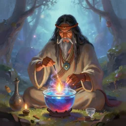 a shaman preparing a magic decoction in a dreamy atmosphere, 4 k, 3 d, digital painting