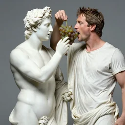 classic greek statue of John Hamm feeding Chris Pratt grapes