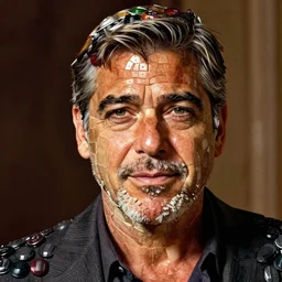 a portrait of george clooney, made of a lot of nespresso capsules, mosaic