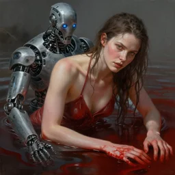 A beautiful detailed painting of Dolores Abernathy bathing in blood, robot revolution, apocalypse, Westworld, highly detailed, digital painting, artstation, cgscoiety, cinematic, intricate, smooth, sharp focus, illustration, Unreal Engine 5, concept art, 8K, art by Esao Andrews.