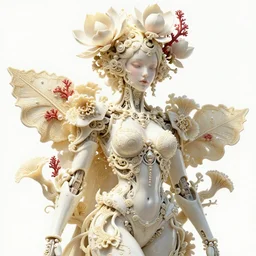 intricate hyper detailed ultra sharp focus 3 d render of a beautiful porcelain ivory fair seductive woman medium shot portrait, close - up, bright 3 point light, alexandre ferra georg loschner white mecha, cyberpunk mechanical haute couture huge fractal mycelum and fungi, red corals, huge magnolia goliath head ornaments, big embroidered leaves filigree sinuous roots, pearls, octane render, volumetric cinematic lighting, 8 k, yellow, vray tracing