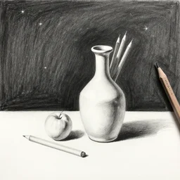 still life drawing in the style of pencils are omitted and the night sky is included as a surrealistic element